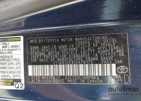 2005 Toyota Matrix Xr из США, поврежденный, VIN 2T1KR32E85C479175